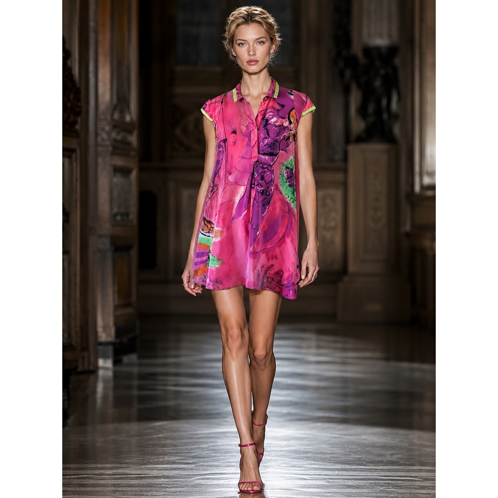 Blacky Dress Berlin Pink Abstract Silk Blend Mini Dress‎ Sleeveless Collared